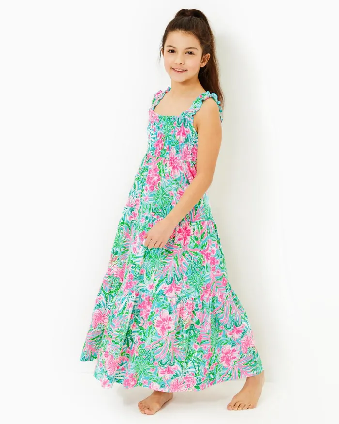 Dresses and Rompers Girls Lilly Pulitzer Girls Mini Hadly Maxi Dress Amalfi Blue Leaf It Wild