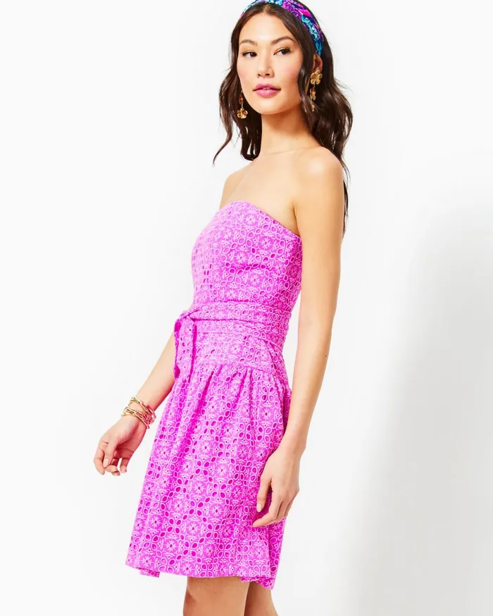 Dresses Women Lilly Pulitzer Akela Strapless Eyelet Dress Orchid Oasis Oversized Diamond Leaf Eyelet