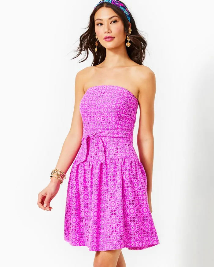 Dresses Women Lilly Pulitzer Akela Strapless Eyelet Dress Orchid Oasis Oversized Diamond Leaf Eyelet