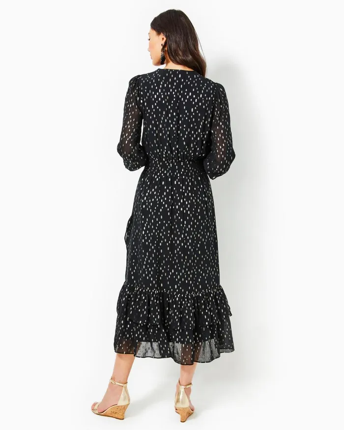 Dresses Women Lilly Pulitzer Cristiana Midi Dress Onyx Viscose Metallic Clip Dobby