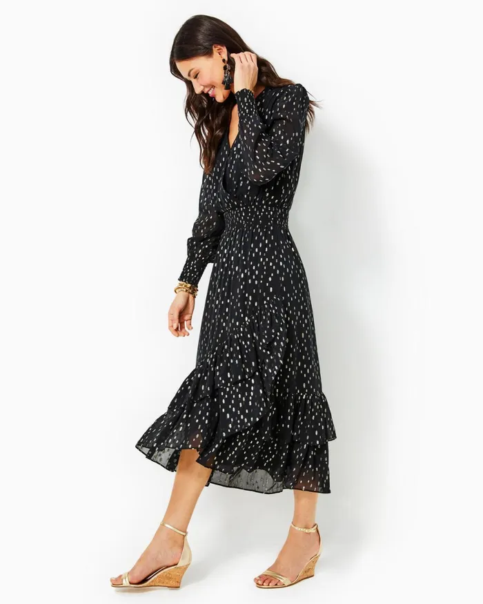 Dresses Women Lilly Pulitzer Cristiana Midi Dress Onyx Viscose Metallic Clip Dobby Dresses Women Lilly Pulitzer Cristiana Midi Dress Onyx Viscose Metallic Clip Dobby