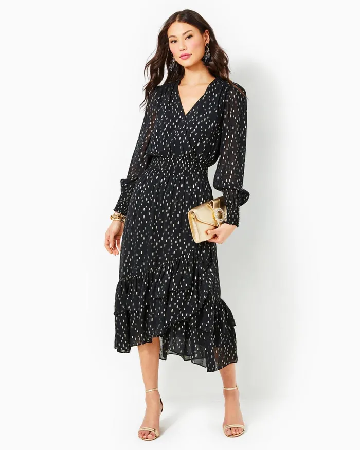Dresses Women Lilly Pulitzer Cristiana Midi Dress Onyx Viscose Metallic Clip Dobby Dresses Women Lilly Pulitzer Cristiana Midi Dress Onyx Viscose Metallic Clip Dobby