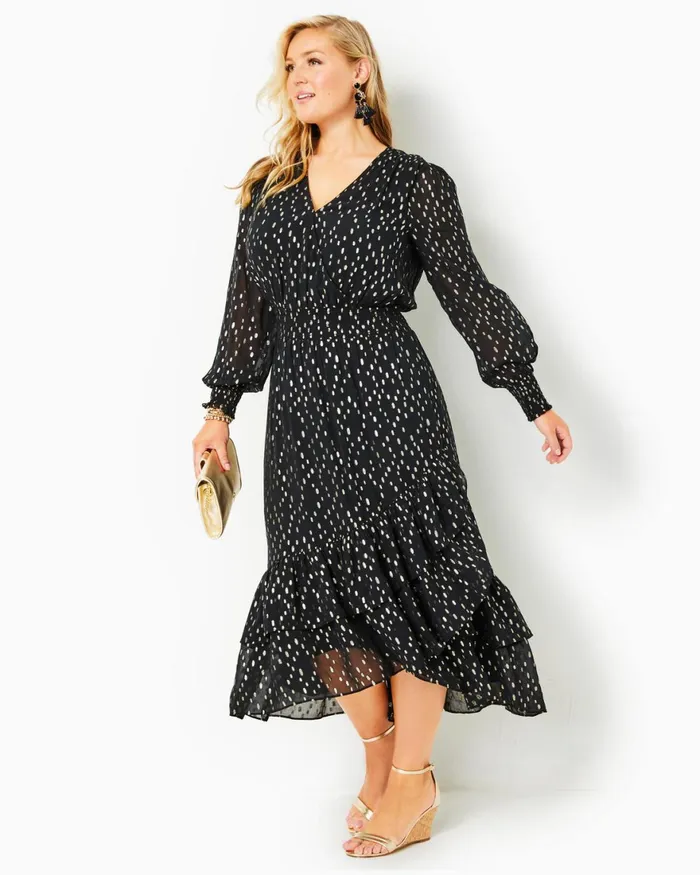 Dresses Women Lilly Pulitzer Cristiana Midi Dress Onyx Viscose Metallic Clip Dobby Dresses Women Lilly Pulitzer Cristiana Midi Dress Onyx Viscose Metallic Clip Dobby