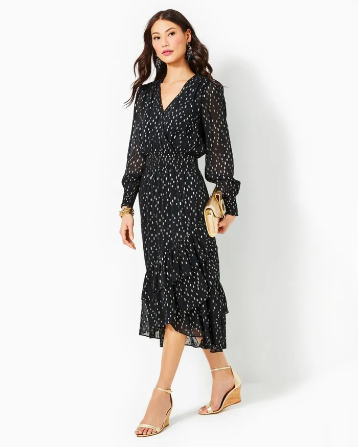 Dresses Women Lilly Pulitzer Cristiana Midi Dress Onyx Viscose Metallic Clip Dobby Dresses Women Lilly Pulitzer Cristiana Midi Dress Onyx Viscose Metallic Clip Dobby