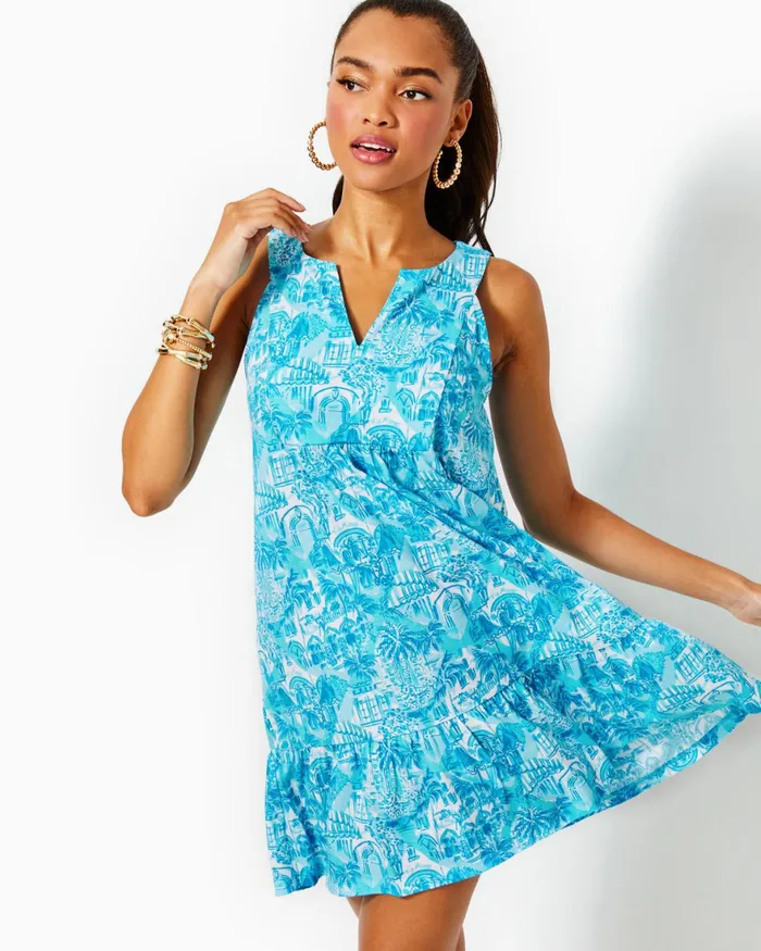 Dresses Women Lilly Pulitzer Edelyn Linen Swing Shift Dress Breakwater Blue Shells N Bells