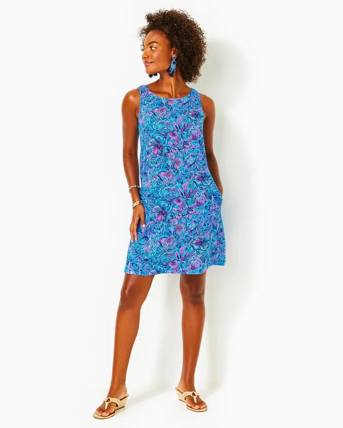 Dresses Women Lilly Pulitzer Edelyn Linen Swing Shift Dress Breakwater Blue Shells N Bells