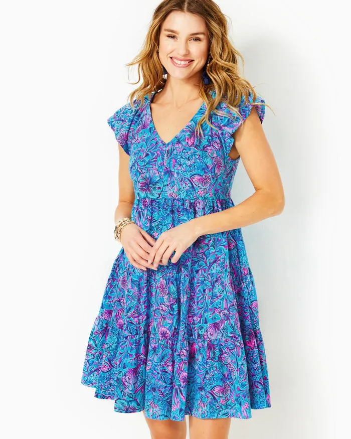 Dresses Women Lilly Pulitzer Edelyn Linen Swing Shift Dress Breakwater Blue Shells N Bells