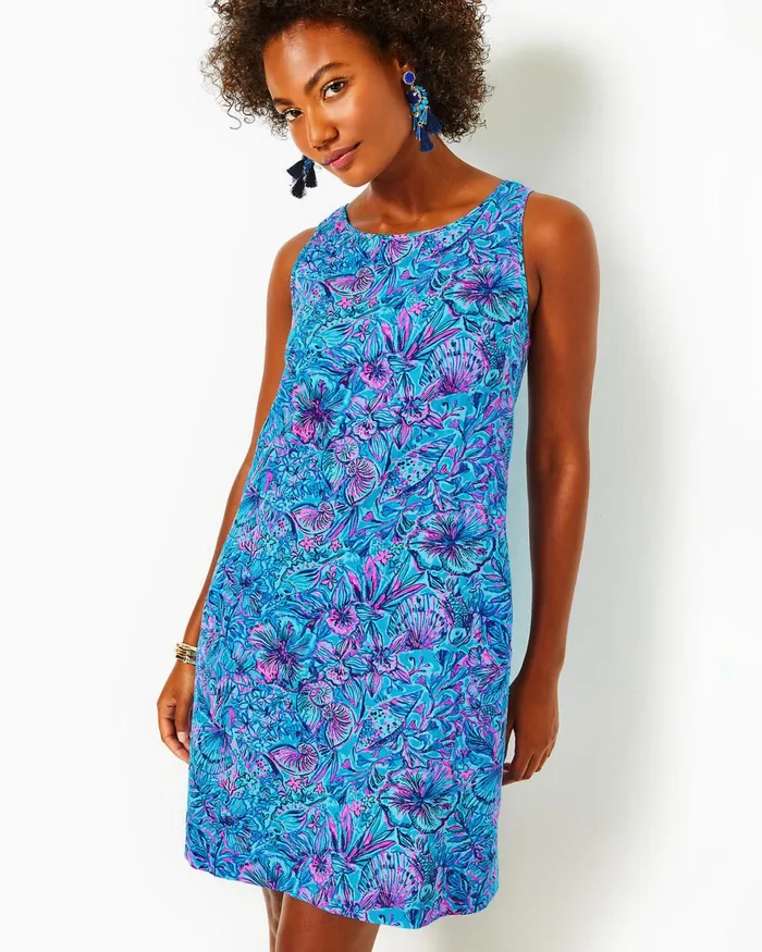 Dresses Women Lilly Pulitzer Edelyn Linen Swing Shift Dress Breakwater Blue Shells N Bells