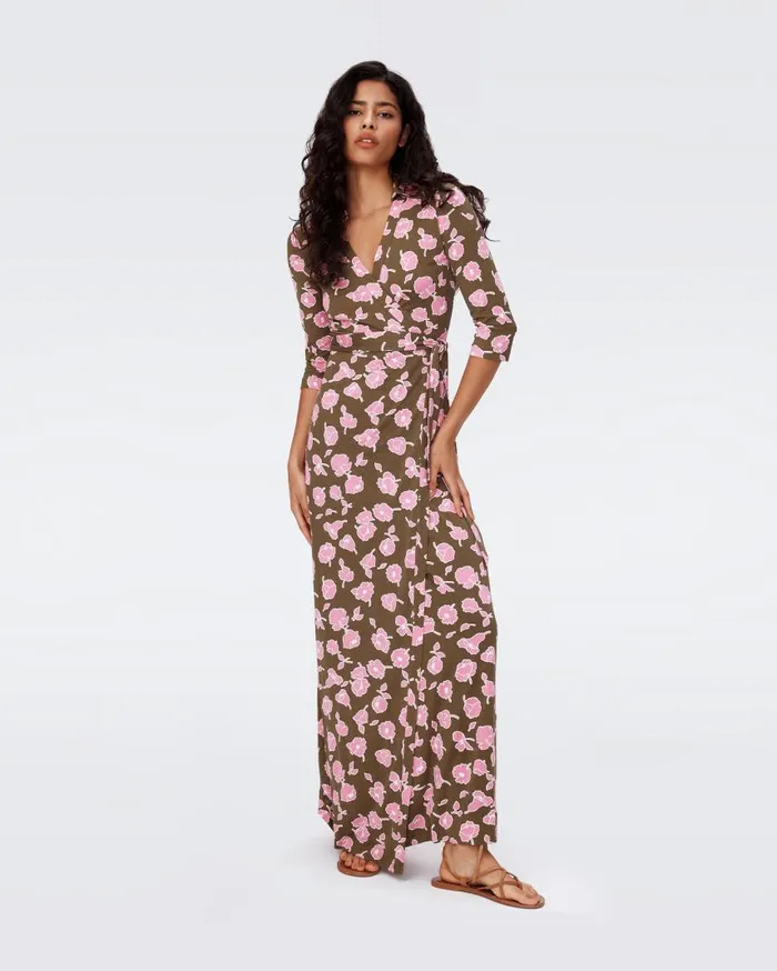 DVF Dresses Women Abigail Silk Jersey Maxi Wrap Dress Huge Rose Showers Khaki