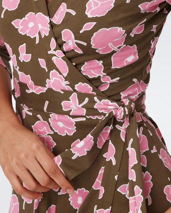 DVF Dresses Women Abigail Silk Jersey Maxi Wrap Dress Huge Rose Showers Khaki