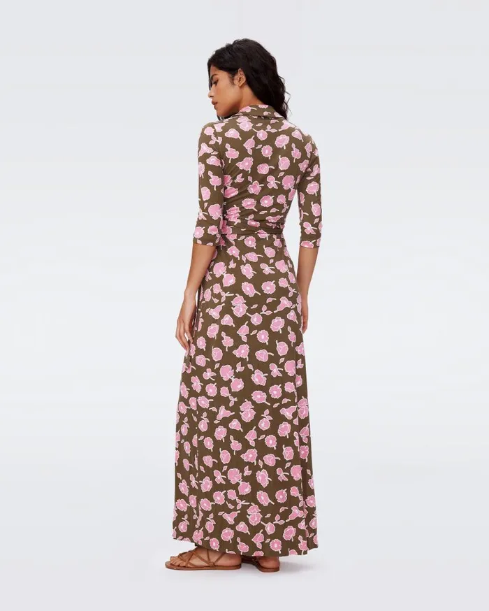 DVF Dresses Women Abigail Silk Jersey Maxi Wrap Dress Huge Rose Showers Khaki