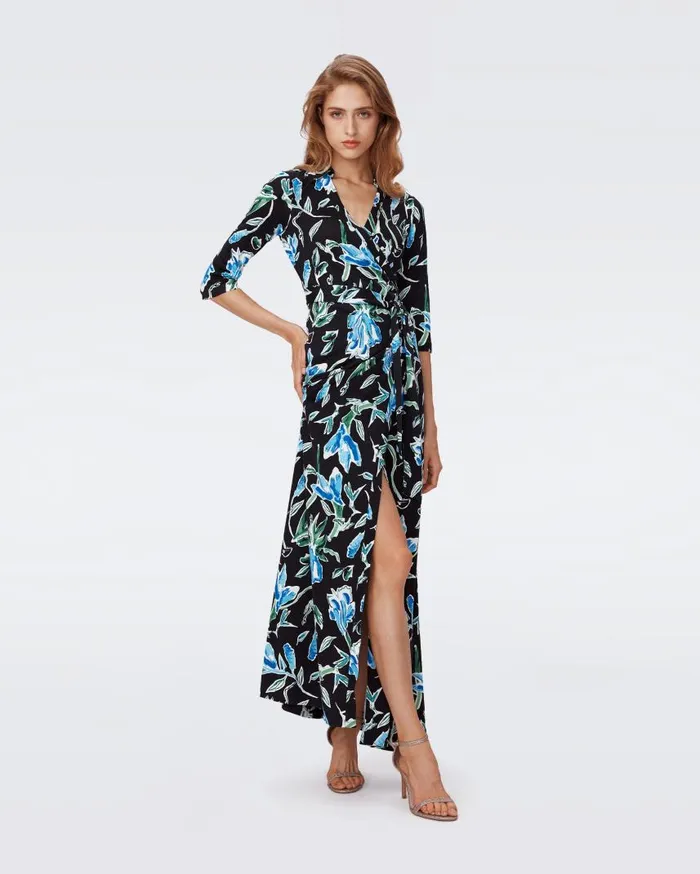 DVF Dresses Women Abigail Silk Jersey Maxi Wrap Dress Huge Tulip Fields Blue
