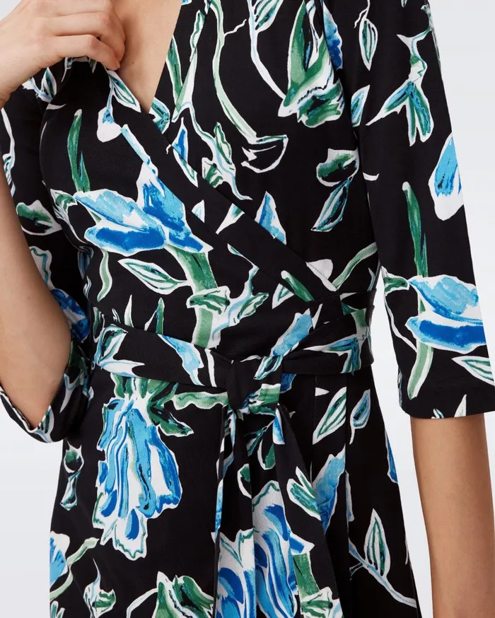 DVF Dresses Women Abigail Silk Jersey Maxi Wrap Dress Huge Tulip Fields Blue