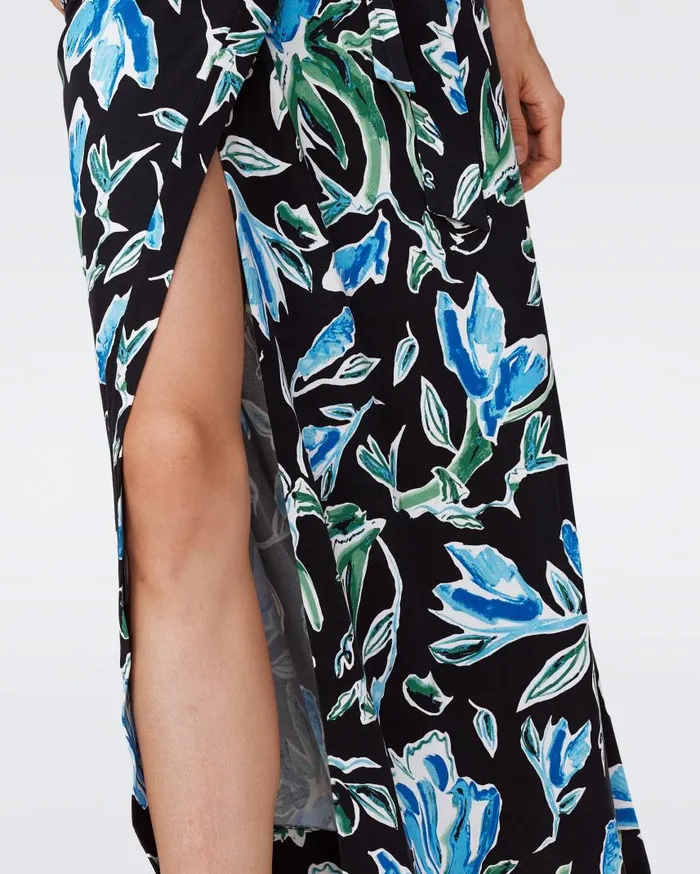 DVF Dresses Women Abigail Silk Jersey Maxi Wrap Dress Huge Tulip Fields Blue