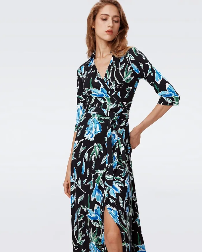 DVF Dresses Women Abigail Silk Jersey Maxi Wrap Dress Huge Tulip Fields Blue