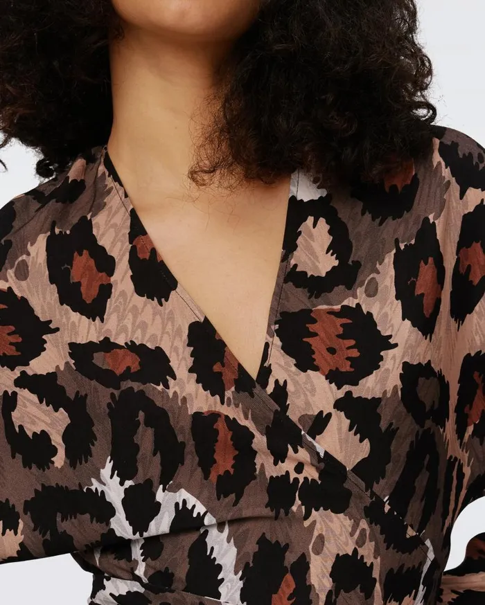 DVF Dresses Women Babette Reversible Wrap Dress Feather Boa And Jungle Cat