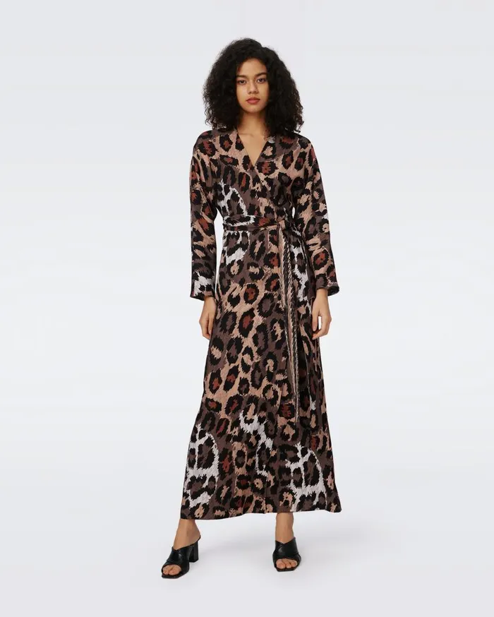 DVF Dresses Women Babette Reversible Wrap Dress Feather Boa And Jungle Cat