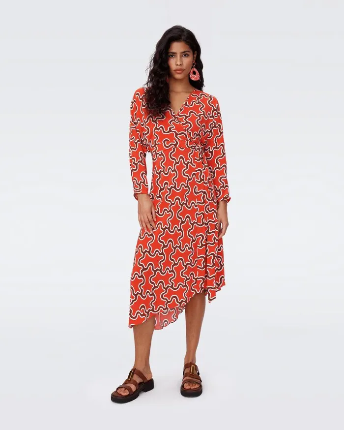 DVF Dresses Women Eloise Faux Wrap Dress Tiny Cloud Patch Red