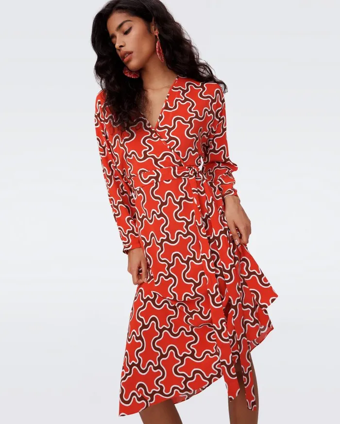 DVF Dresses Women Eloise Faux Wrap Dress Tiny Cloud Patch Red