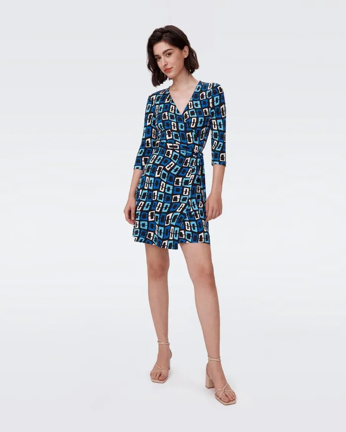 DVF Dresses Women Julian Silk Jersey Wrap Dress Chain Dream Blue