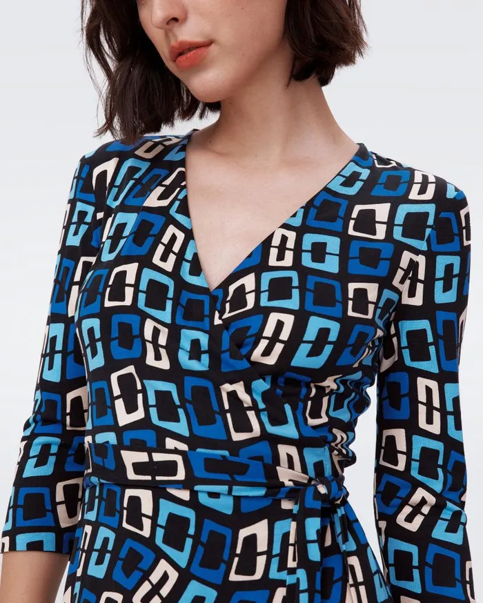 DVF Dresses Women Julian Silk Jersey Wrap Dress Chain Dream Blue