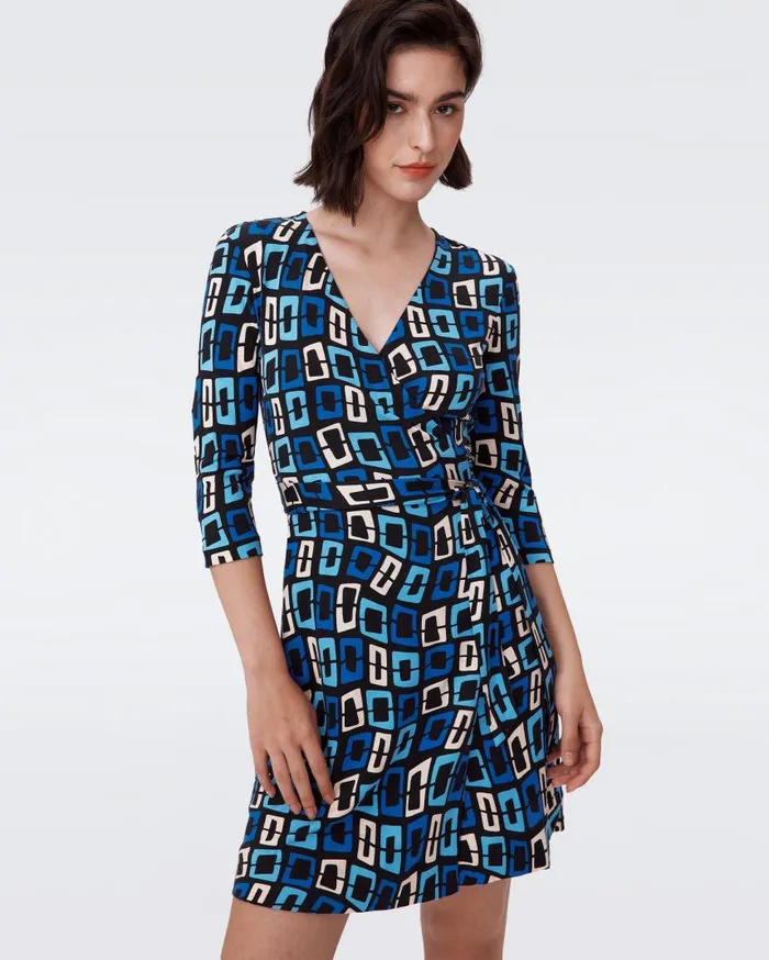 DVF Dresses Women Julian Silk Jersey Wrap Dress Chain Dream Blue