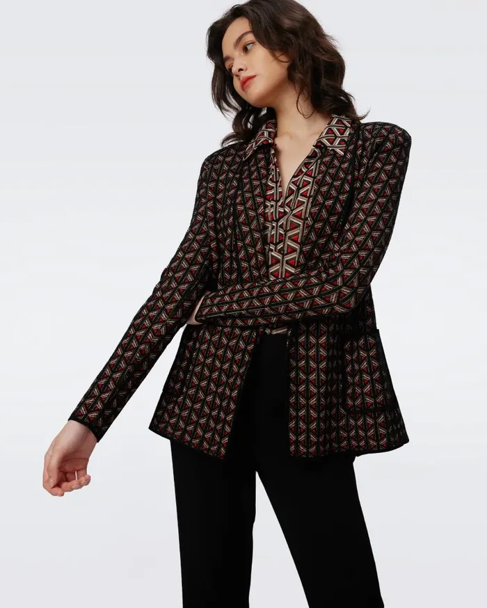 DVF Jackets and Coats Women Trillian Knit Jacquard Jacket Tiny Stadium Geo Red