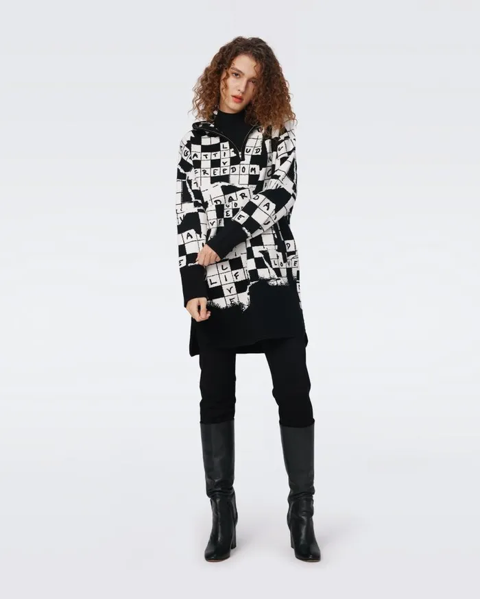 DVF Tops Women Alvah Knit Jacquard Top Dvf 50th Crossword Ivory