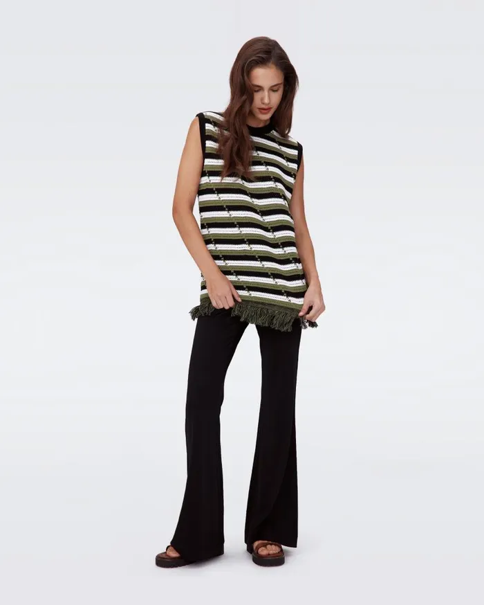 DVF Tops Women Cassie Crochet Top Summer Stripe Olive Green