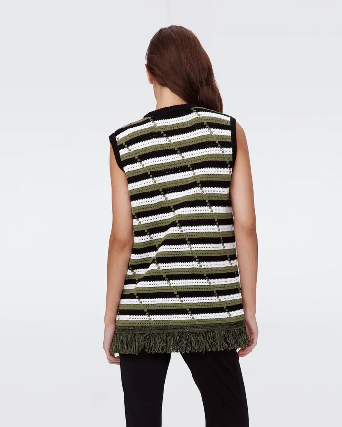 DVF Tops Women Cassie Crochet Top Summer Stripe Olive Green