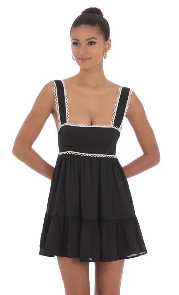 Embroidered Trim Babydoll Dress Black Women LUCY IN THE SKY Mini Dresses