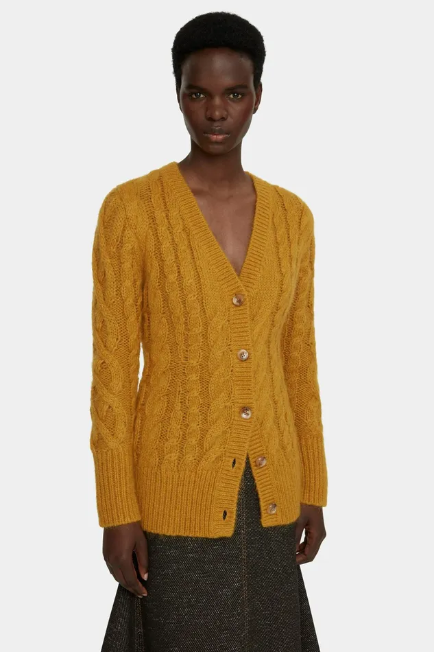 Emilia Wickstead Ross Cable Knit Cardigan In Mustard Mohair Women Knitwear