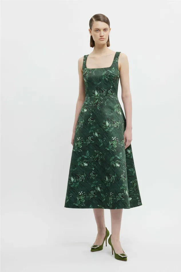 Emilia Wickstead Shiloh Dress In Green Roses On Marble Print Taffeta Faille Women Dresses Emilia Wickstead Shiloh Dress In Green Roses On Marble Print Taffeta Faille Women Dresses