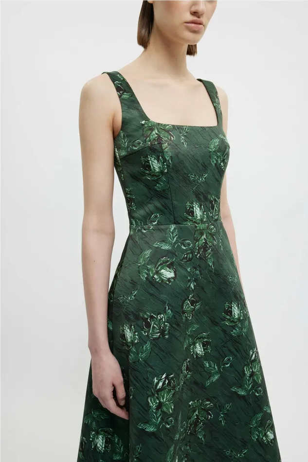 Emilia Wickstead Shiloh Dress In Green Roses On Marble Print Taffeta Faille Women Dresses Emilia Wickstead Shiloh Dress In Green Roses On Marble Print Taffeta Faille Women Dresses