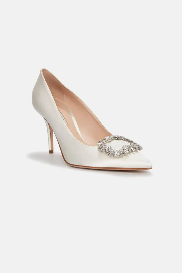 Emilia Wickstead Sophia Jewel Buckle Shoe In Ivory Satin Women Shoes