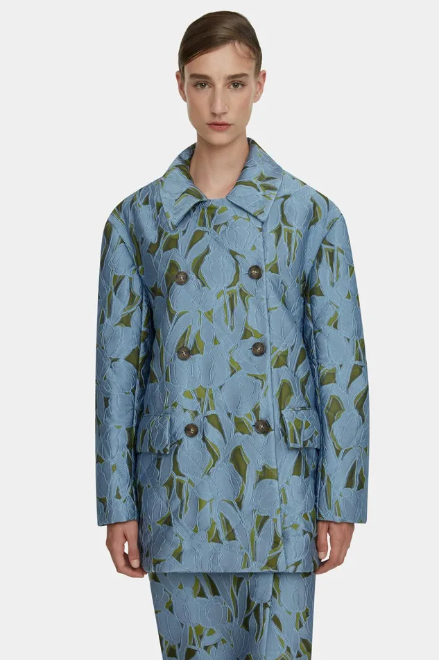 Emilia Wickstead Sophica Blue And Khaki Lace Puffer Jacket Women Jackets And Coats