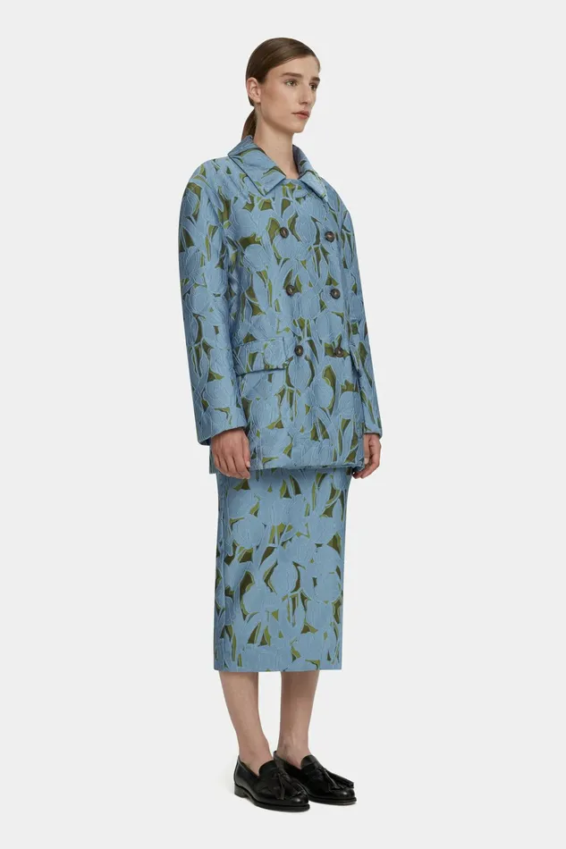 Emilia Wickstead Sophica Blue And Khaki Lace Puffer Jacket Women Jackets And Coats