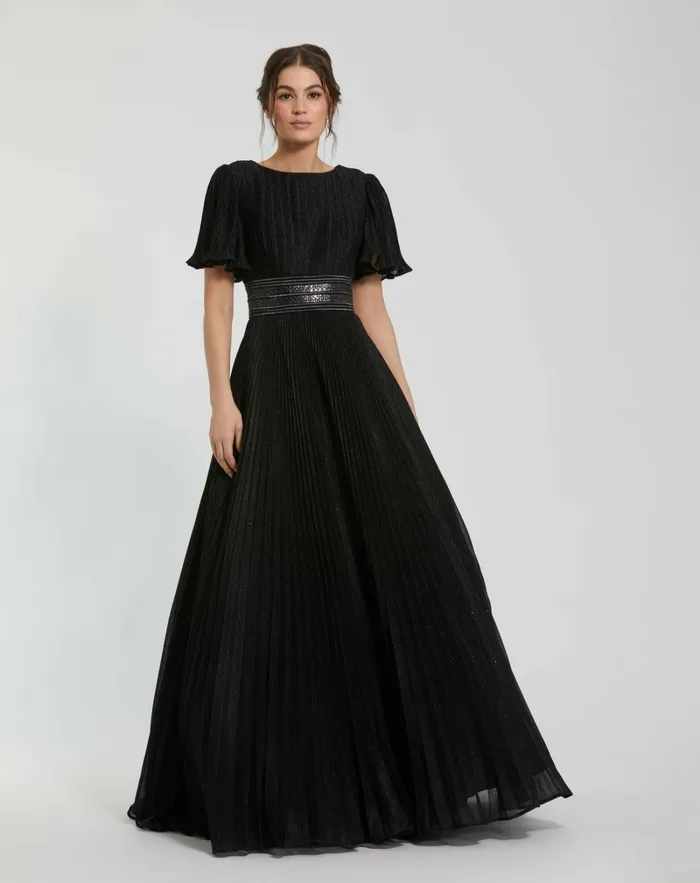 Evening Gowns Mac Duggal Women Black Pleated Shimmering Georgette Flutter Sleeve Gown Black