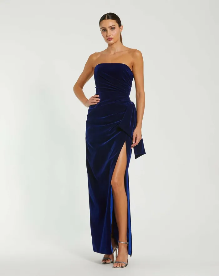 Evening Gowns Strapless High Slit Draped Velvet Gown Cobalt 8211 Mac Duggal Women