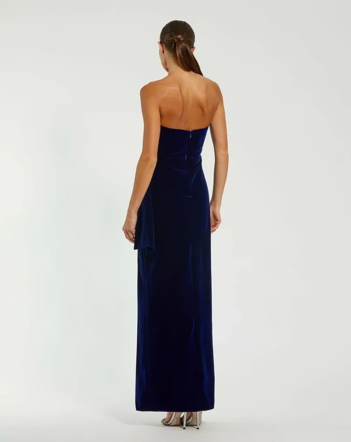 Evening Gowns Strapless High Slit Draped Velvet Gown Cobalt 8211 Mac Duggal Women