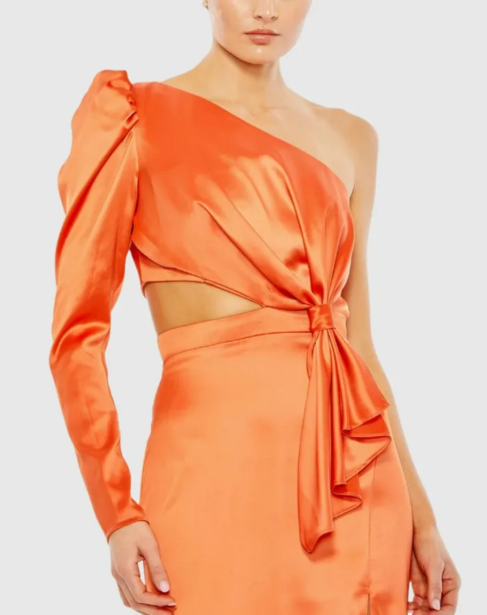 Evening Gowns Women Orange Puff One Sleeve Cut Out Side Knot Gown Tangerine Mac Duggal Evening Gowns Women Orange Puff One Sleeve Cut Out Side Knot Gown Tangerine Mac Duggal