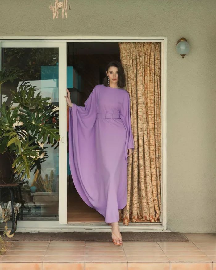 Every Day Dresses Crepe Boat Neck Caftan Dress With Belt Orchid 8211 Mac Duggal Women