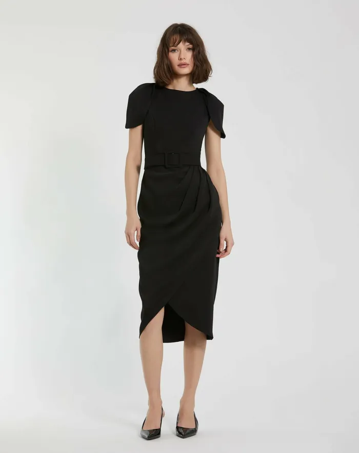 Every Day Dresses Mac Duggal Women Crepe Boat Neck Midi Tulip Dress With Belt Black