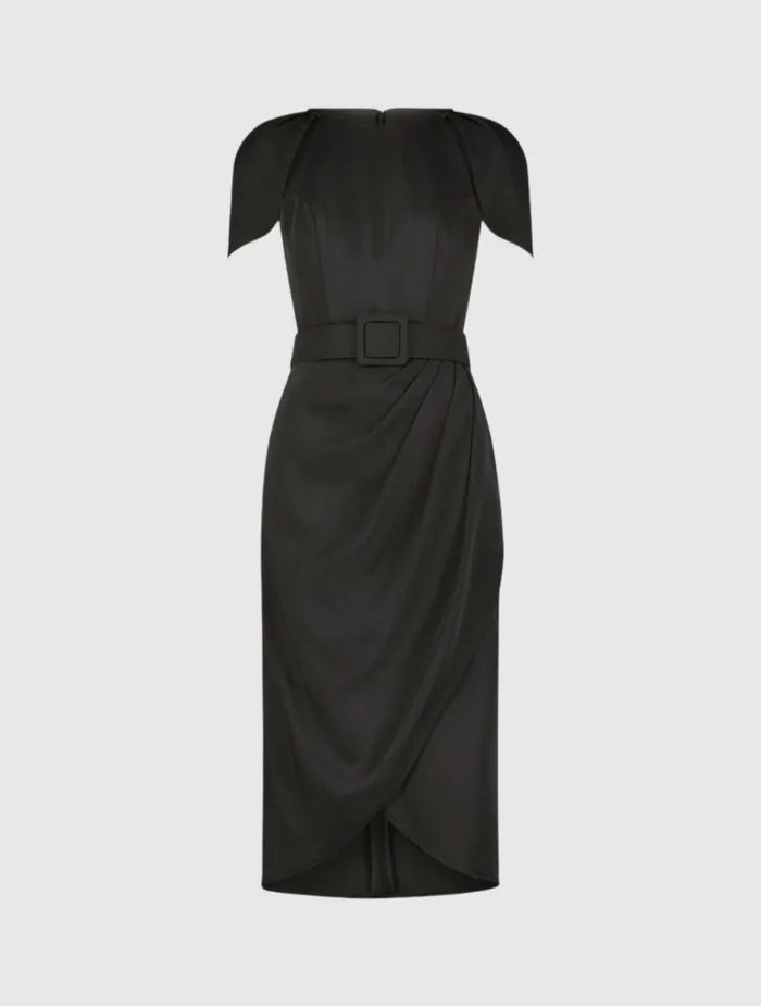 Every Day Dresses Mac Duggal Women Crepe Boat Neck Midi Tulip Dress With Belt Black