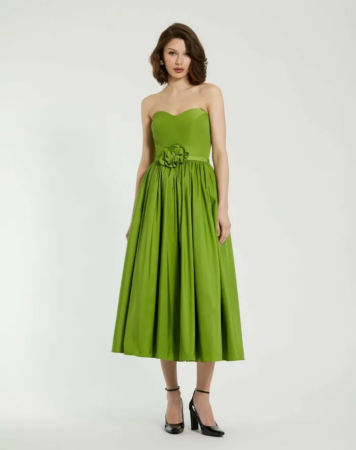 Every Day Dresses Women Faille Strapless A Line Midi Dress With 3D Rose Pear Mac Duggal