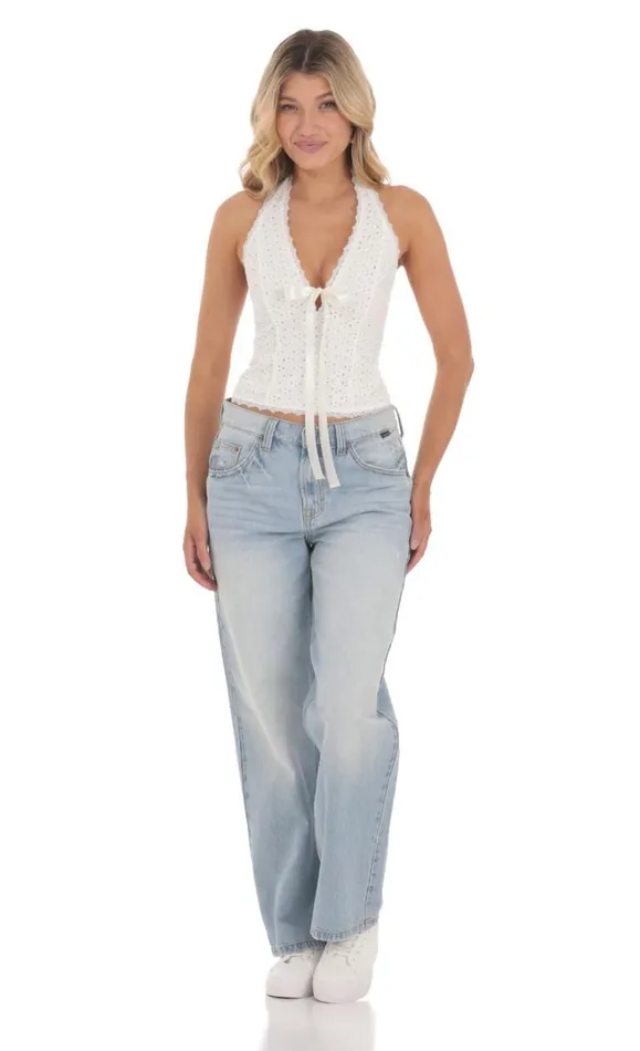 Eyelet Plunge Neck Top White Women LUCY IN THE SKY Tops Eyelet Plunge Neck Top White Women LUCY IN THE SKY Tops