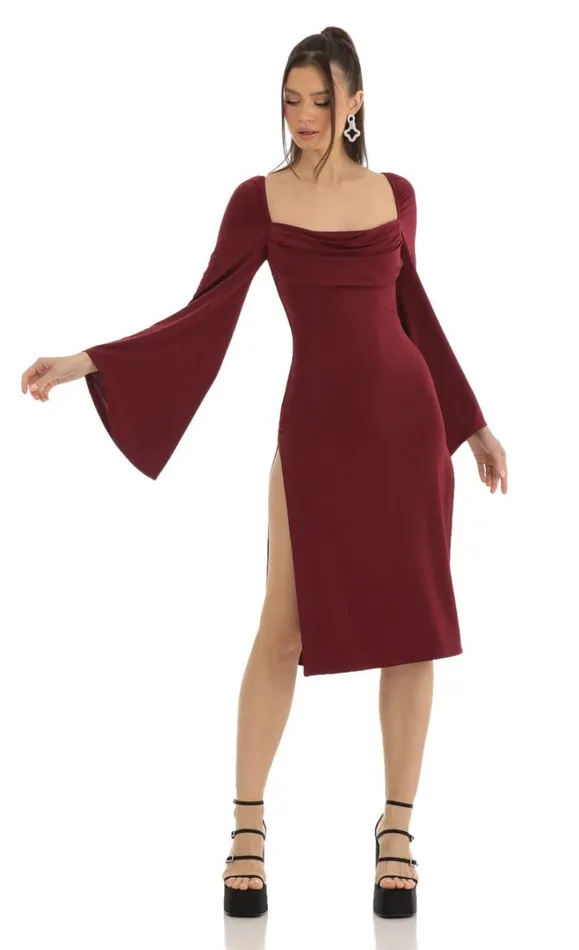 Flare Sleeve Midi Dress Red Women LUCY IN THE SKY Midi Dresses