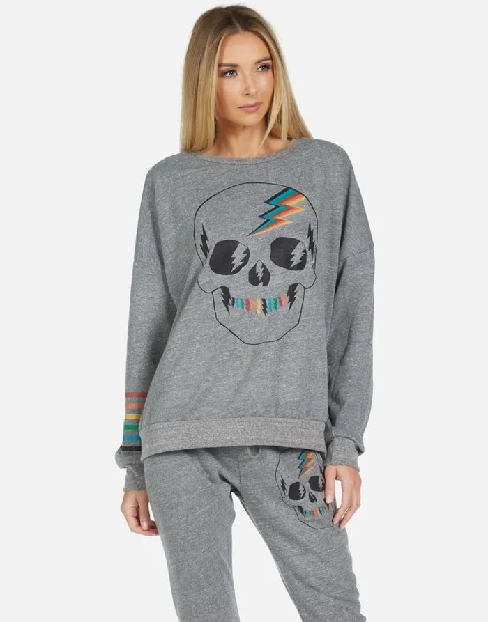 Flora Rainbow Electric Skull Heather Grey Women Lauren Moshi Long Sleeve