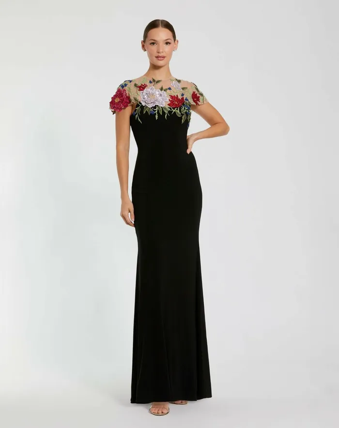 Floral Embellished Jersey Fitted Gown Black Multi Women Evening Gowns Mac Duggal