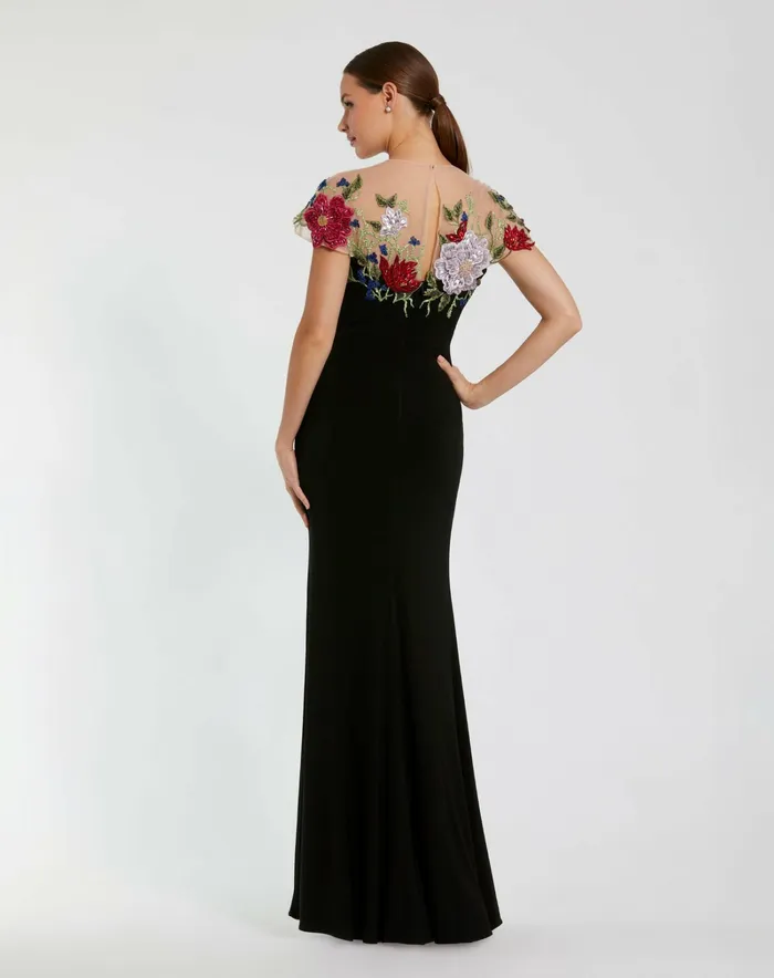 Floral Embellished Jersey Fitted Gown Black Multi Women Evening Gowns Mac Duggal
